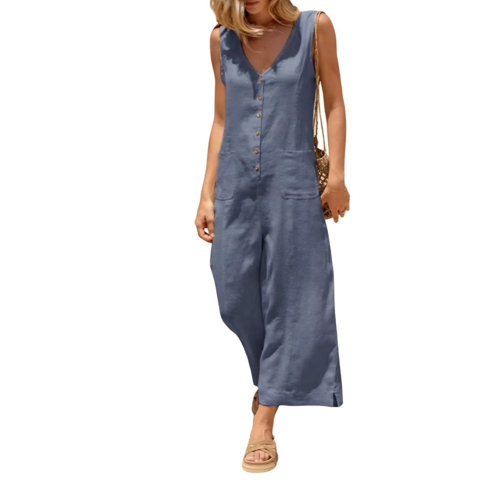 NWT Blue Wide Leg Romper Jumpsuit Overalls. Pockets. Buttons. Tie Back. XL